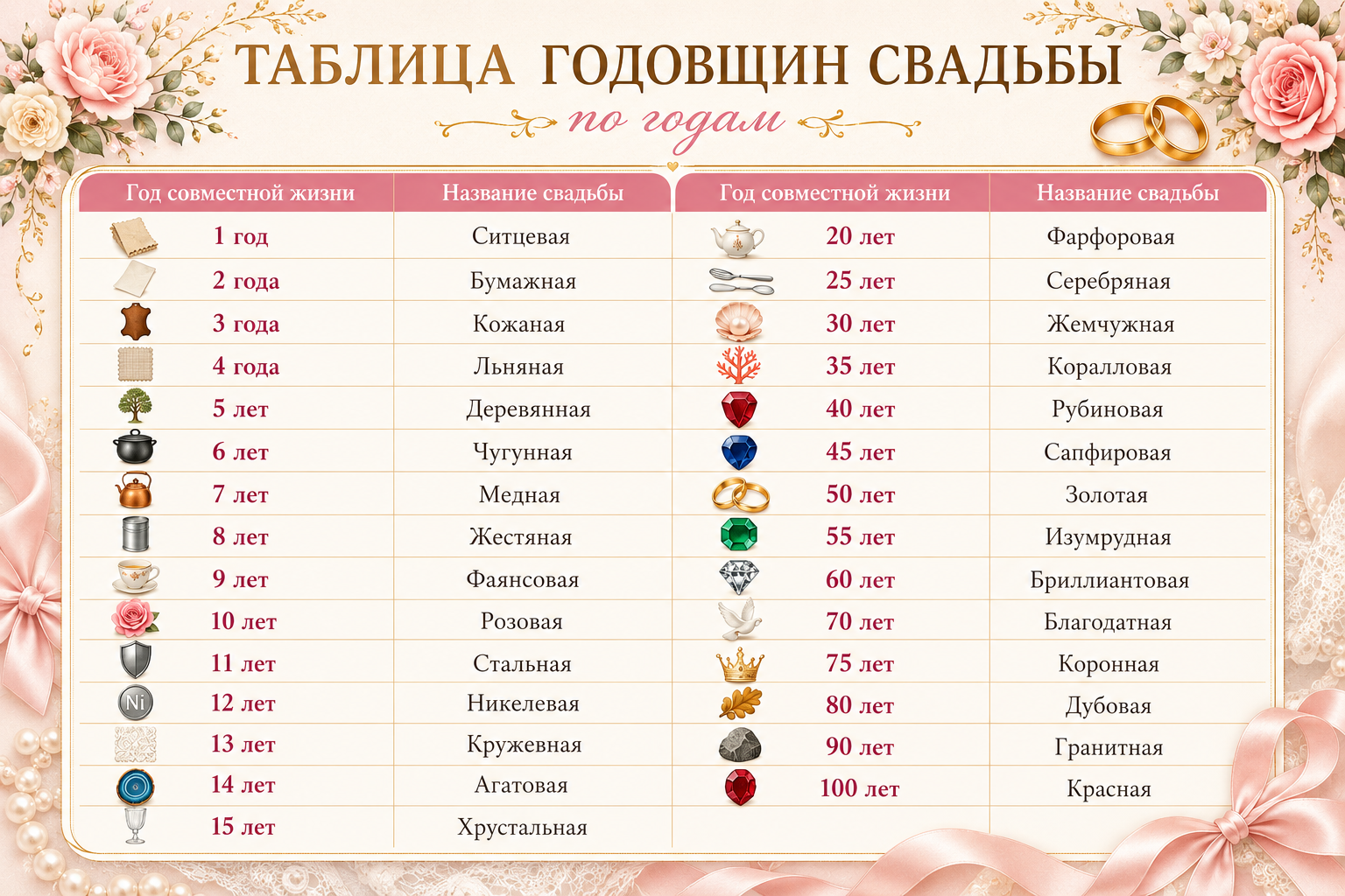 Годовщины свадьбы по годам – как называются?
